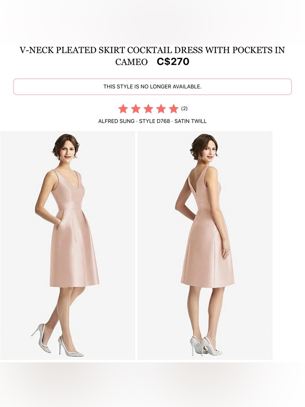 ALFRED SUNG Cameo Pink V-Neck Pleated Midi Dress